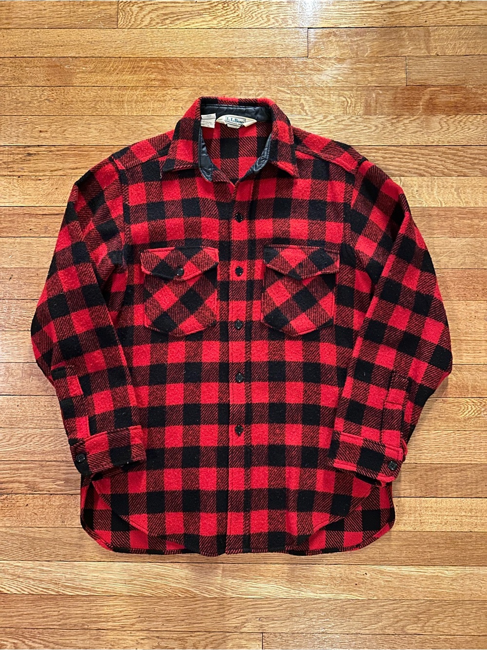 Vintage LL Bean Buffalo Plaid Wool Shirt Jac Red Black Flannel Mens Medium 70s